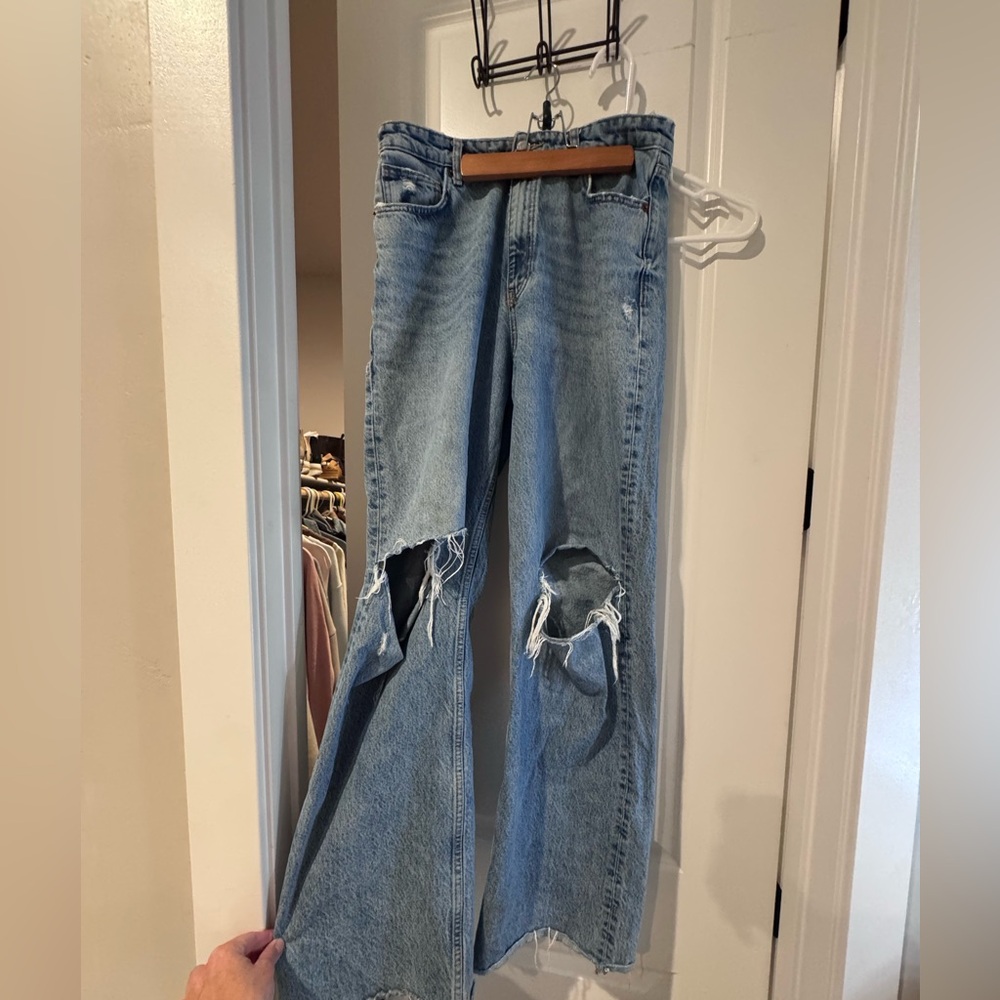 Zara Light Blue Distressed, high waisted, wide leg Jeans
